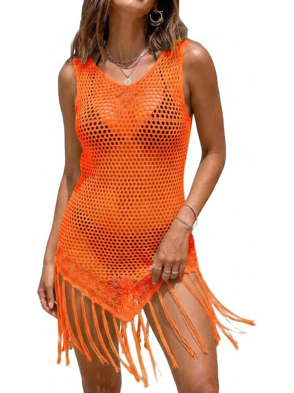 〽️Women's Orange Sleeveless Crochet Beach Bikini Beachwear Swimsuit Cover Up